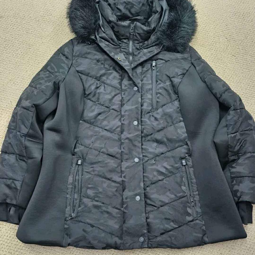 Michael Kors Mk Black Leopard Printed Quilted Hooded Puffer Jacket Coat W 2xl